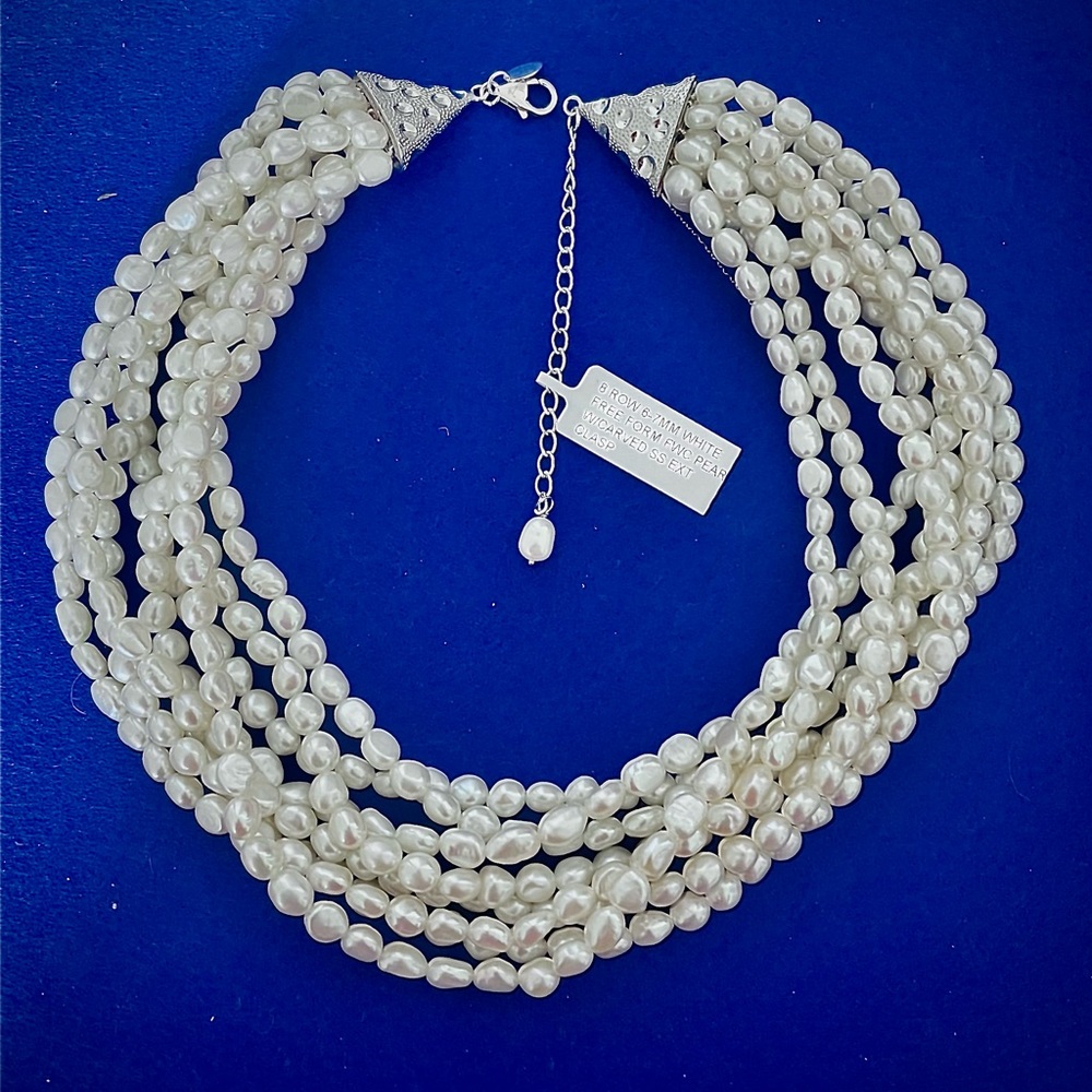 8 Row Pearl Necklace with White Freeform Pearls & a Large Sterling Silver Clasp